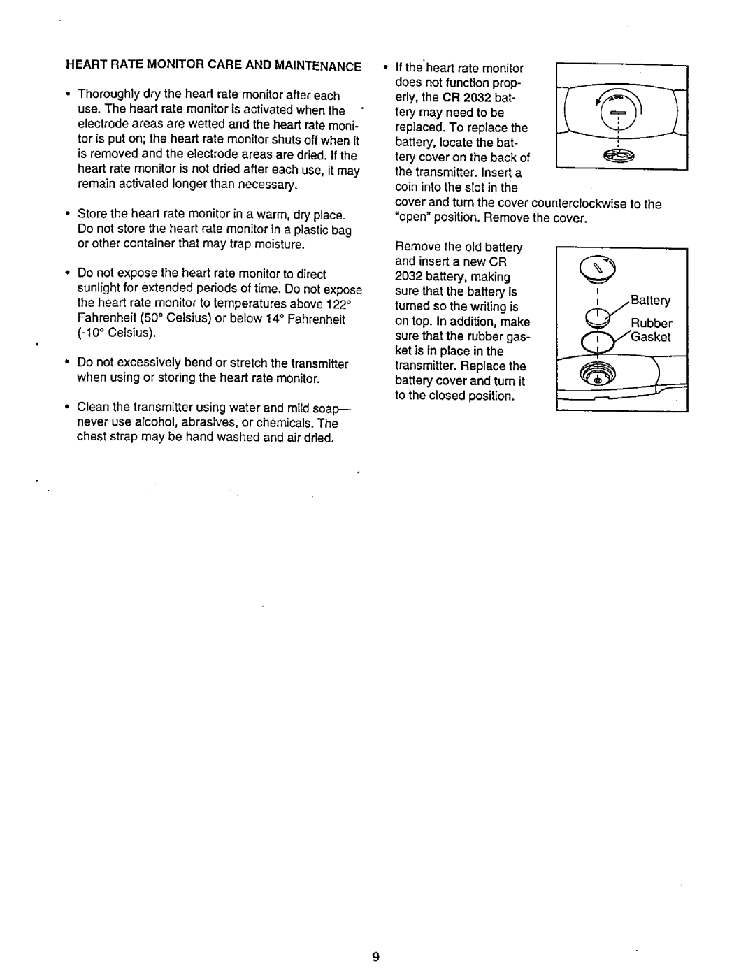 NordicTrack 831.29881 user manual Heart Rate Monitor Care and Maintenance, Counterclockwise to the the cover Battery 