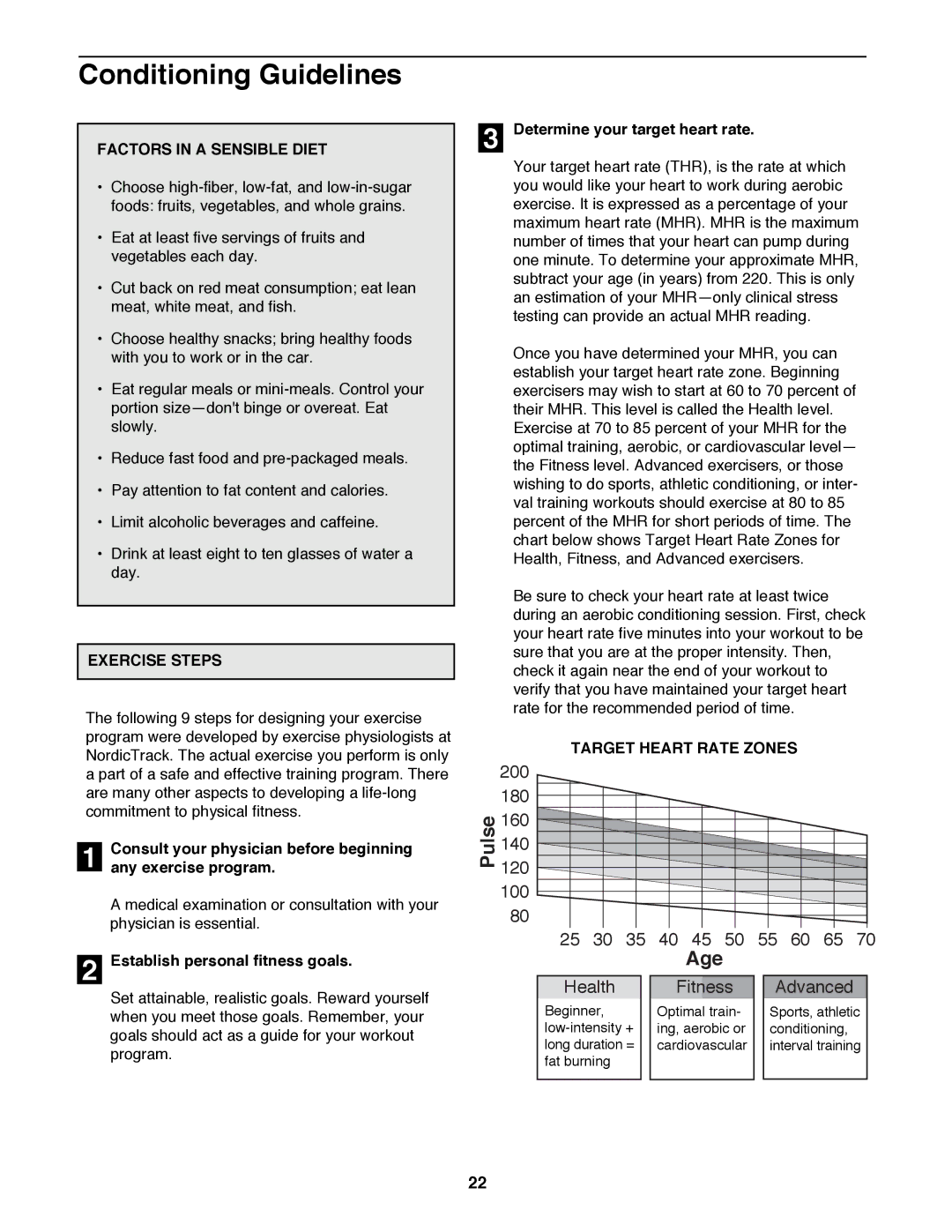 NordicTrack 831.298810 Conditioning Guidelines, Factors in a Sensible Diet, Exercise Steps, Target Heart Rate Zones 