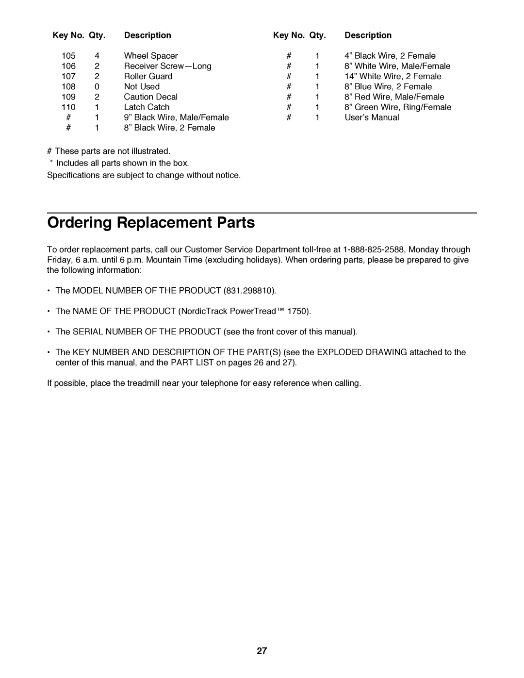 NordicTrack 831.298810 user manual Ordering Replacement Parts 