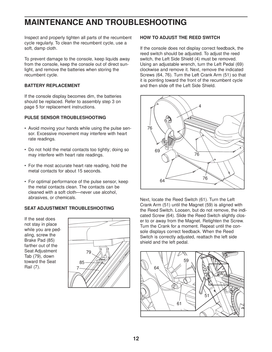 NordicTrack 831.298961 user manual Maintenance and Troubleshooting, Battery Replacement, Pulse Sensor Troubleshooting 