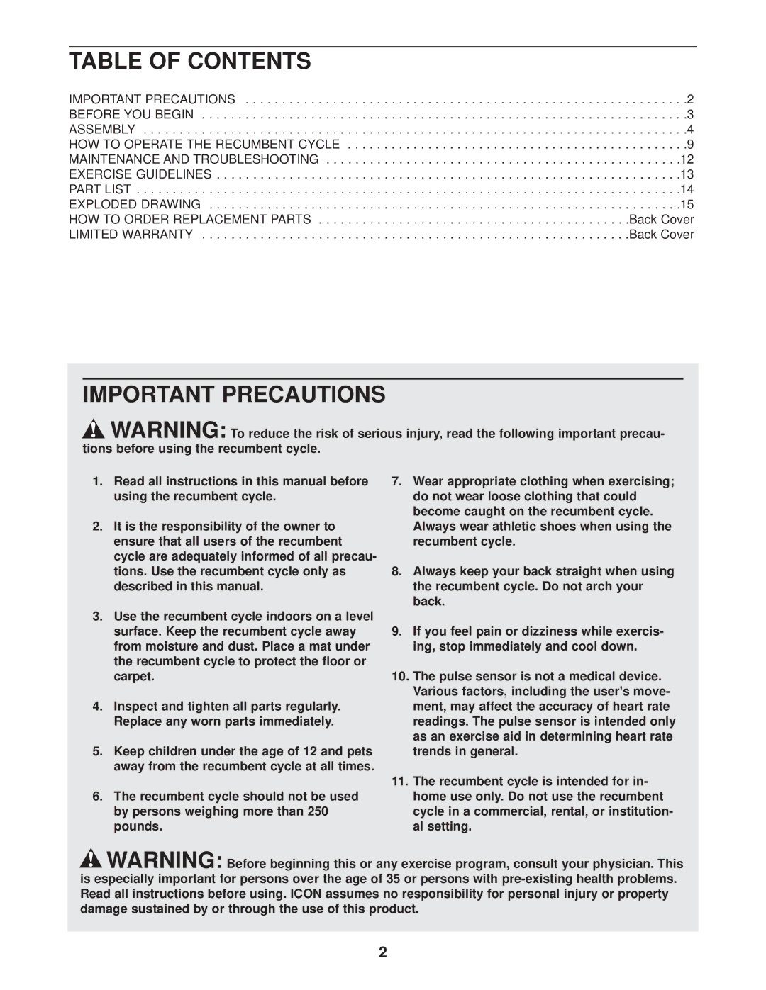 NordicTrack 831.298961 user manual Table of Contents, Important Precautions 