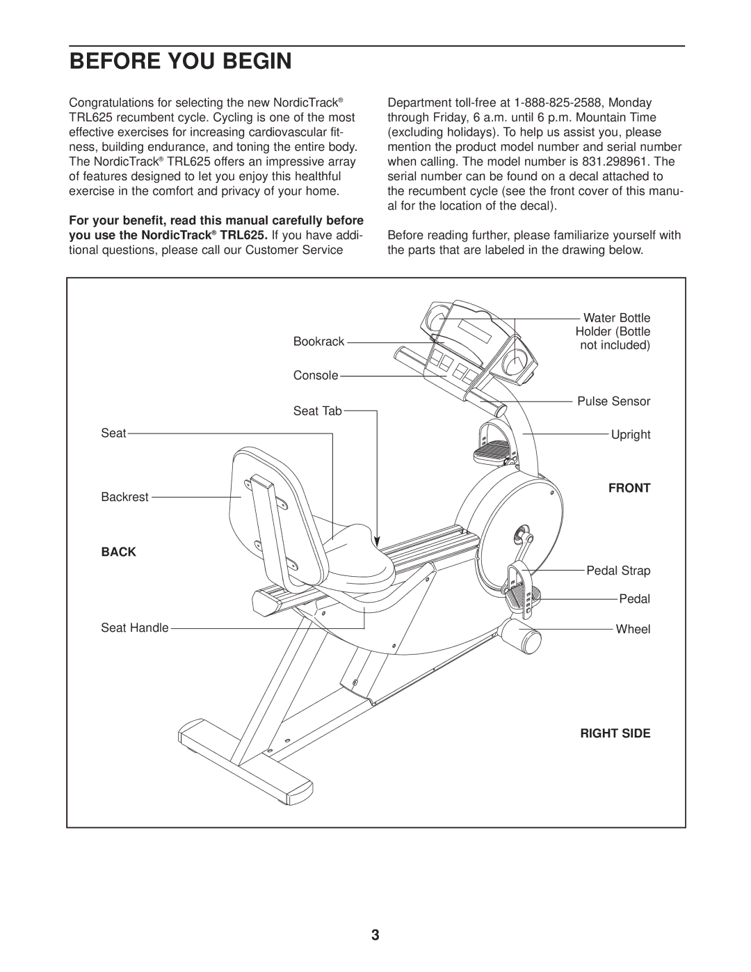 NordicTrack 831.298961 user manual Before YOU Begin, Front, Back, Right Side 