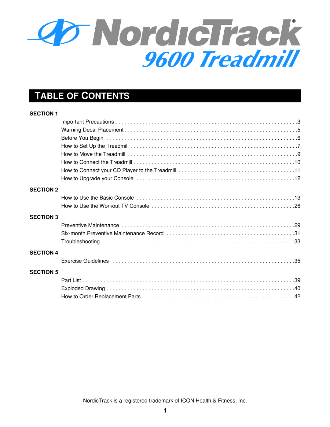 NordicTrack 9600 Ontents, Section, How to Connect your CD Player to the Treadmill, Six-month Preventive Maintenance Record 