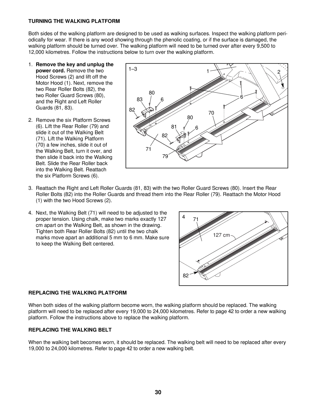 NordicTrack 9600 user manual Turning the Walking Platform, Remove the key and unplug, Replacing the Walking Platform 