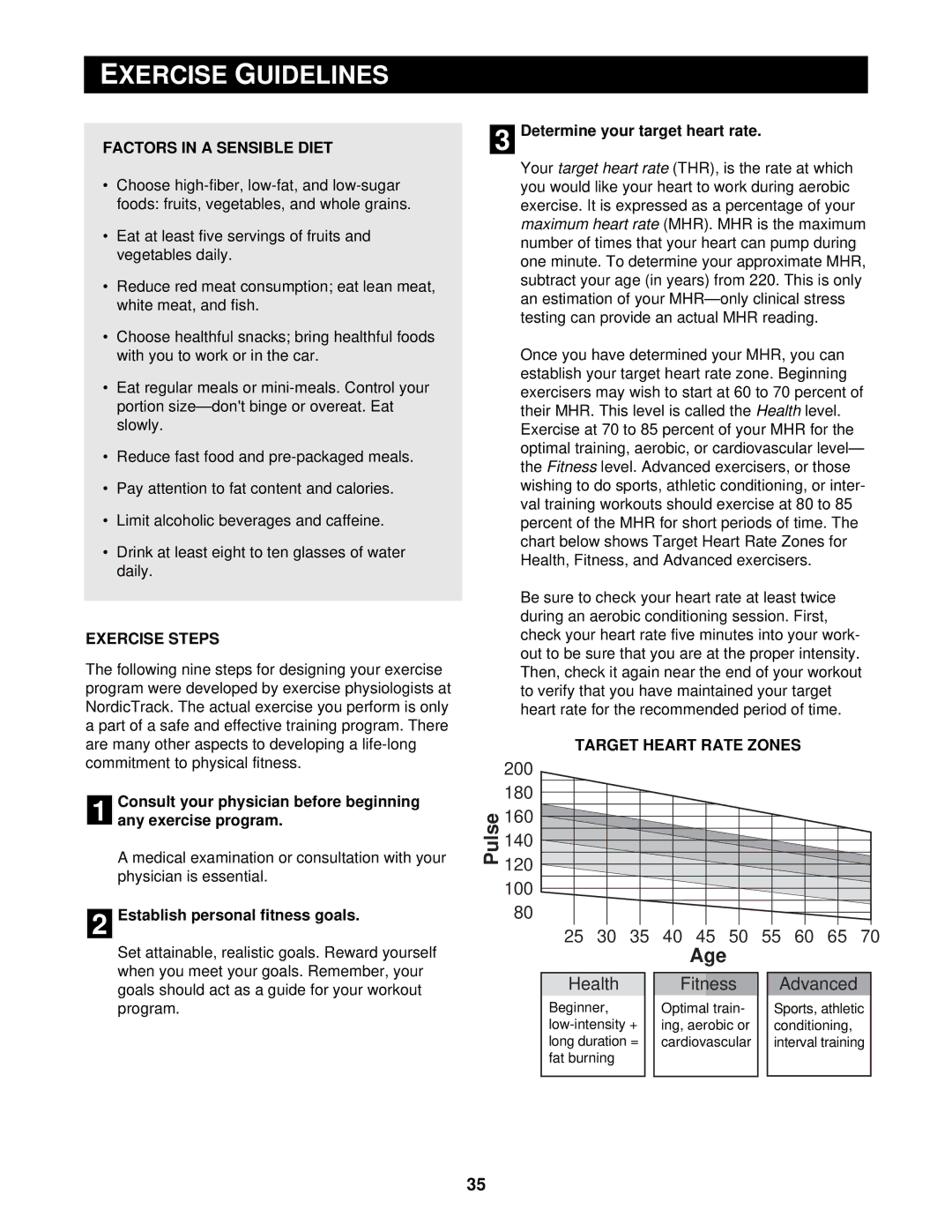 NordicTrack 9600 user manual Xercise, Guidelines, Factors in a Sensible Diet, Exercise Steps, Target Heart Rate Zones 