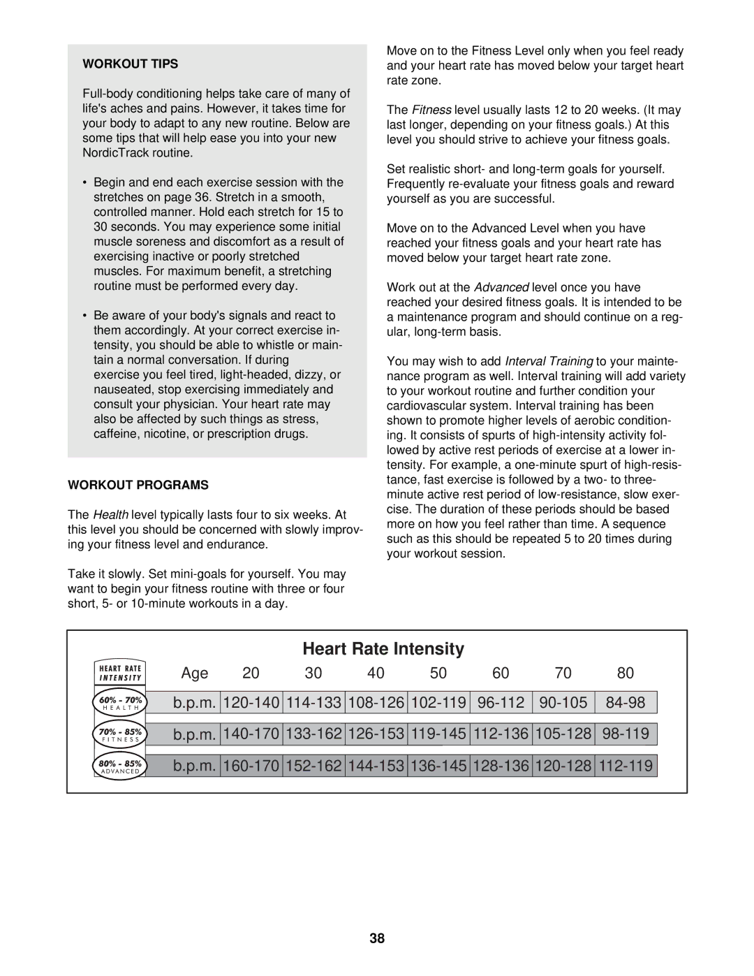 NordicTrack 9600 user manual Workout Tips, Workout Programs 