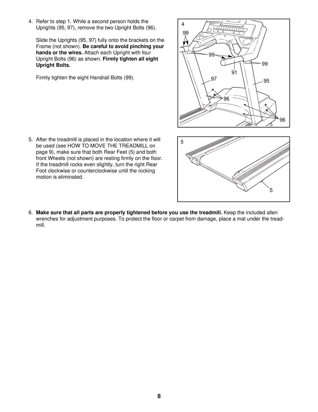 NordicTrack 9600 user manual Frame not shown, Upright Bolts 96 as shown, Firmly tighten the eight Handrail Bolts, Mill 