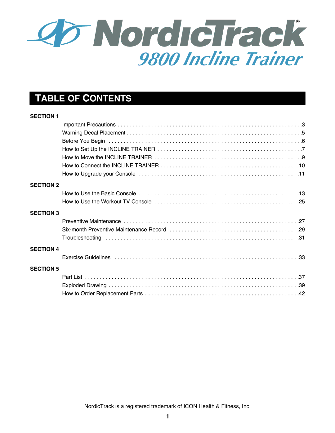 NordicTrack 9800 user manual Table of Contents 