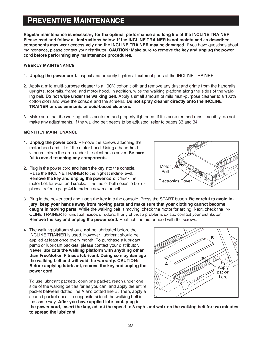 NordicTrack 9800 user manual Preventive Maintenance, Weekly Maintenance, Monthly Maintenance 