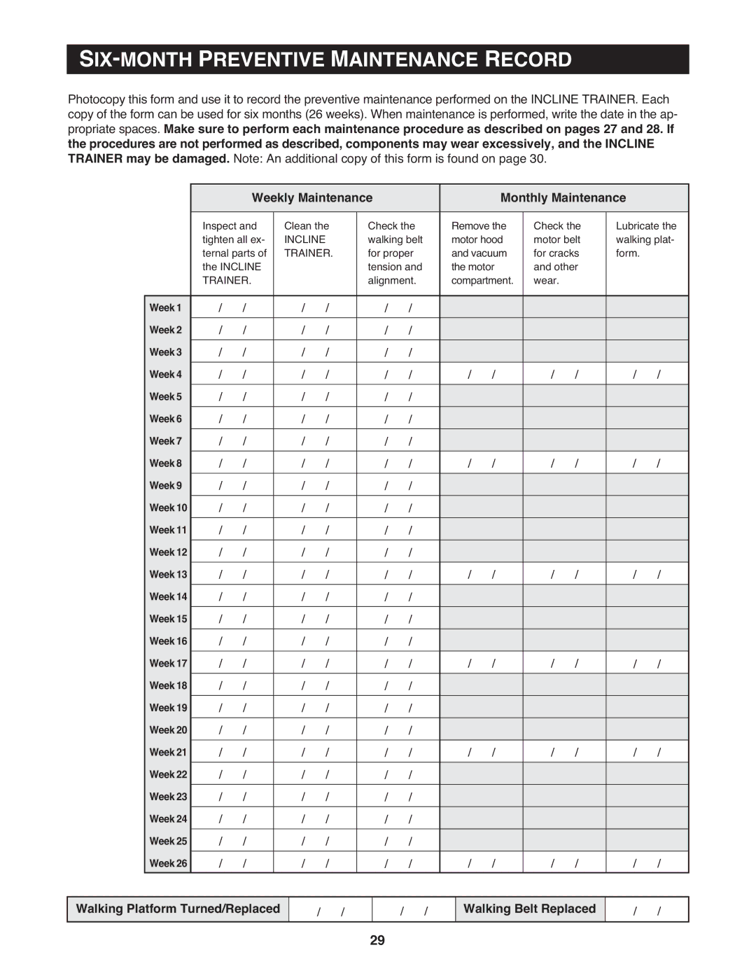 NordicTrack 9800 user manual SIX-MONTH Preventive Maintenance Record, Weekly Maintenance Monthly Maintenance 