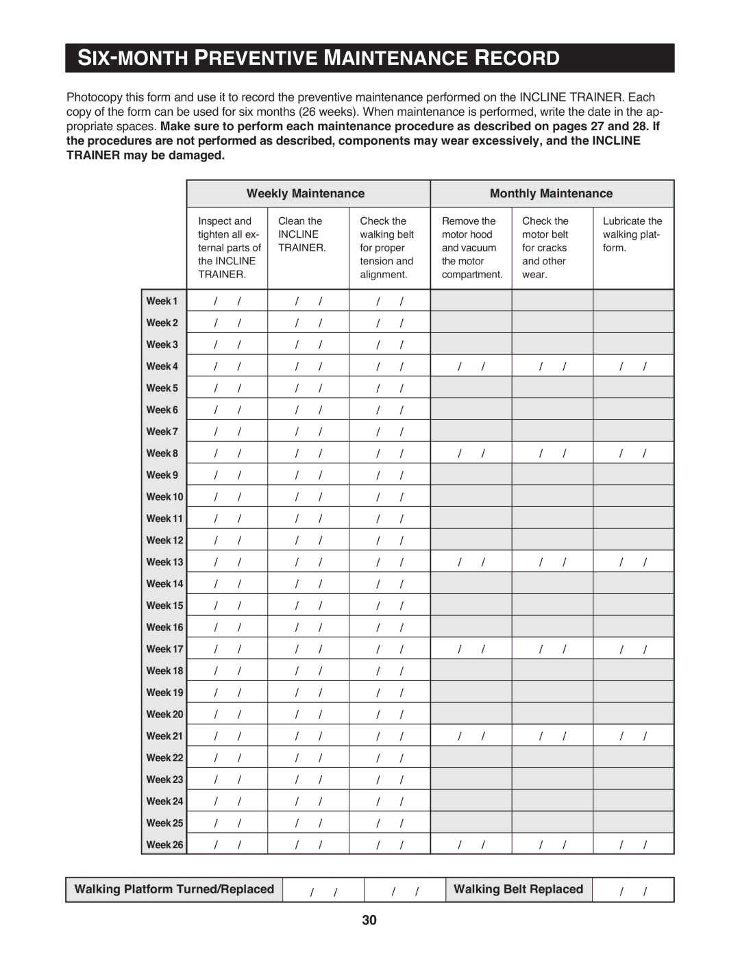 NordicTrack 9800 user manual SIX-MONTH Preventive Maintenance Record 