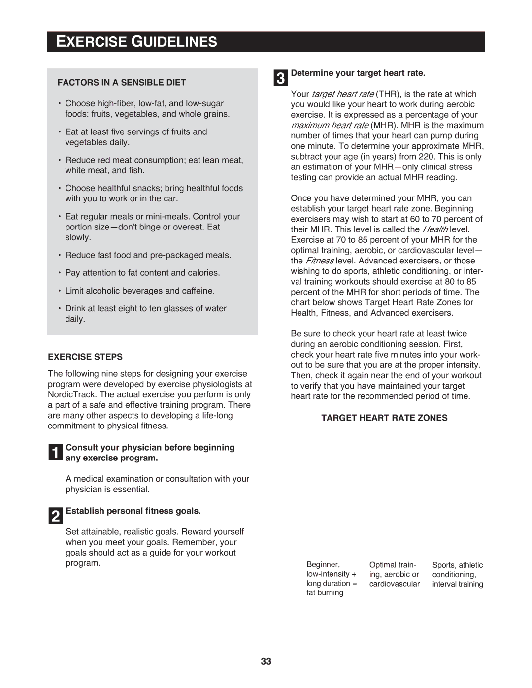 NordicTrack 9800 user manual Exercise Guidelines, Factors in a Sensible Diet, Exercise Steps, Target Heart Rate Zones 