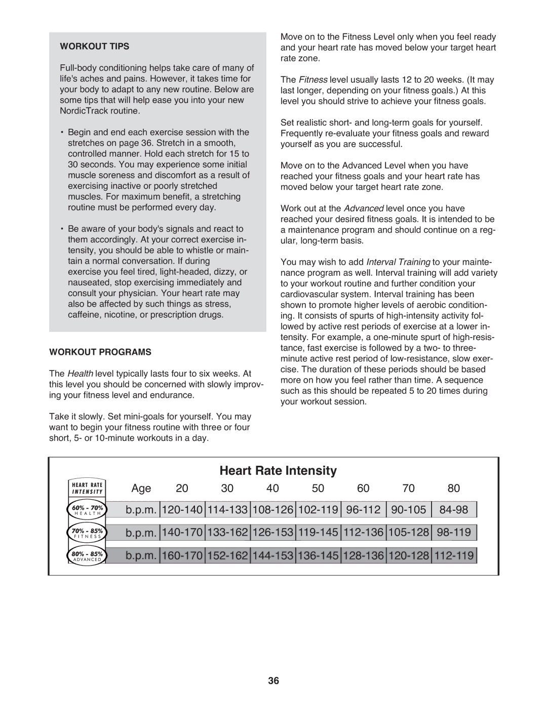 NordicTrack 9800 user manual Workout Tips, Workout Programs 