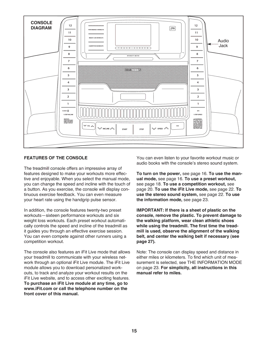 NordicTrack A2750 PRO warranty Diagram, Audio, Jack, Features of the Console 