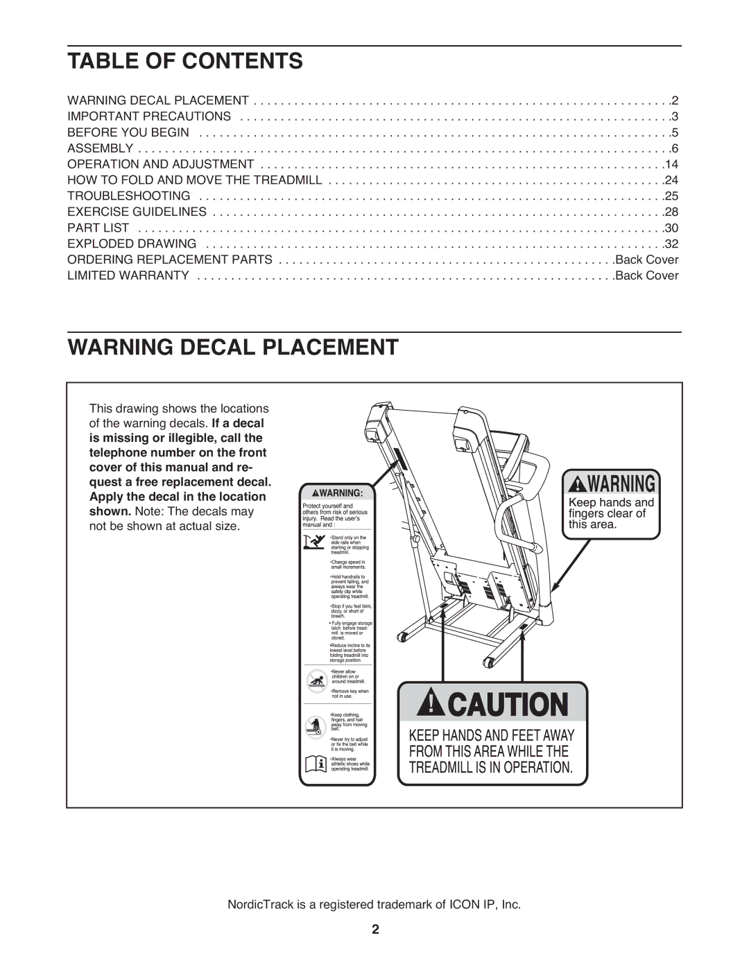 NordicTrack A2750 PRO warranty Table of Contents 