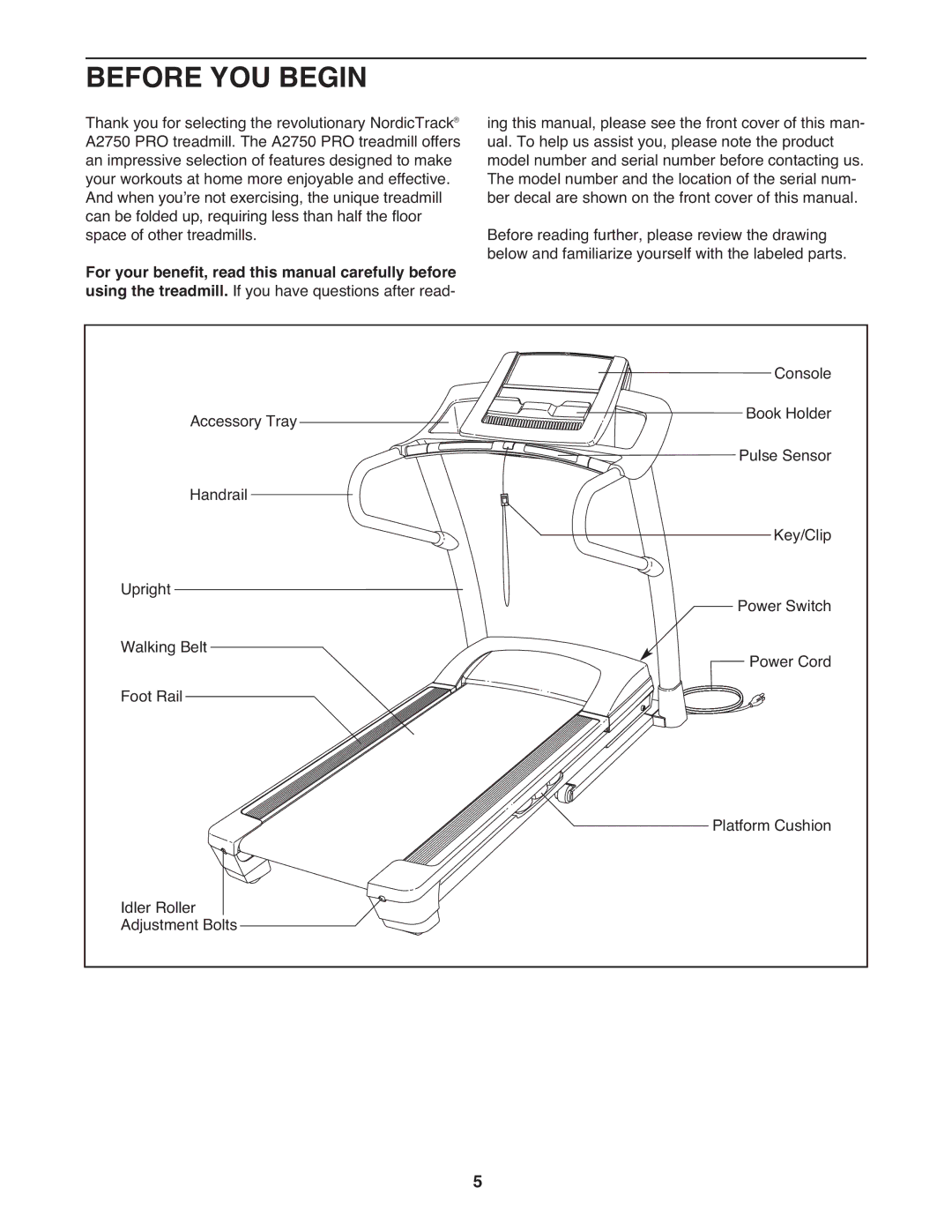 NordicTrack A2750 PRO warranty Before YOU Begin 