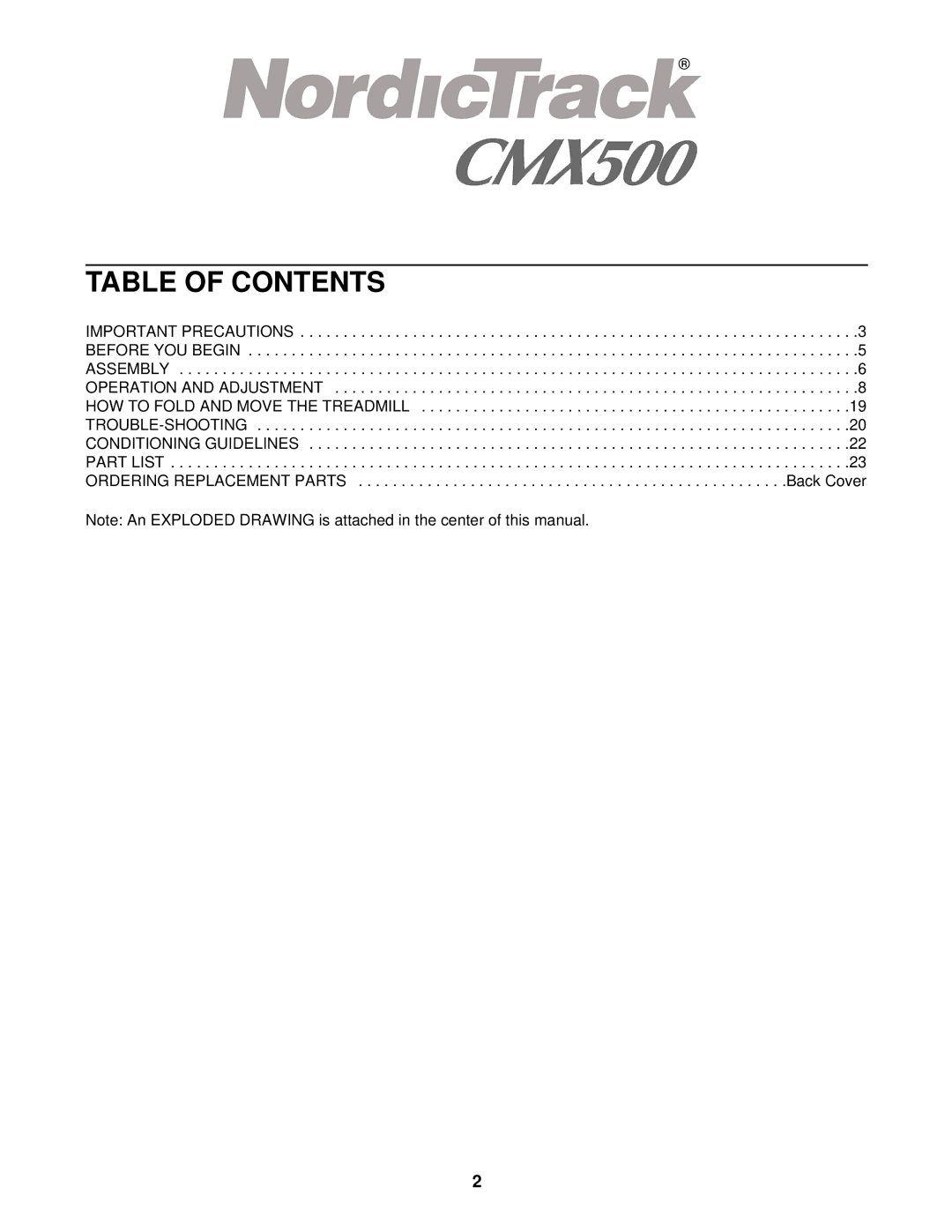 NordicTrack CMX500 user manual Table of Contents 