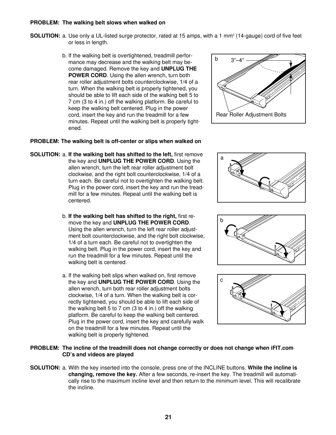 NordicTrack CMX500 Problem The walking belt slows when walked on, Power Cord, If the walking belt has shifted to the left 