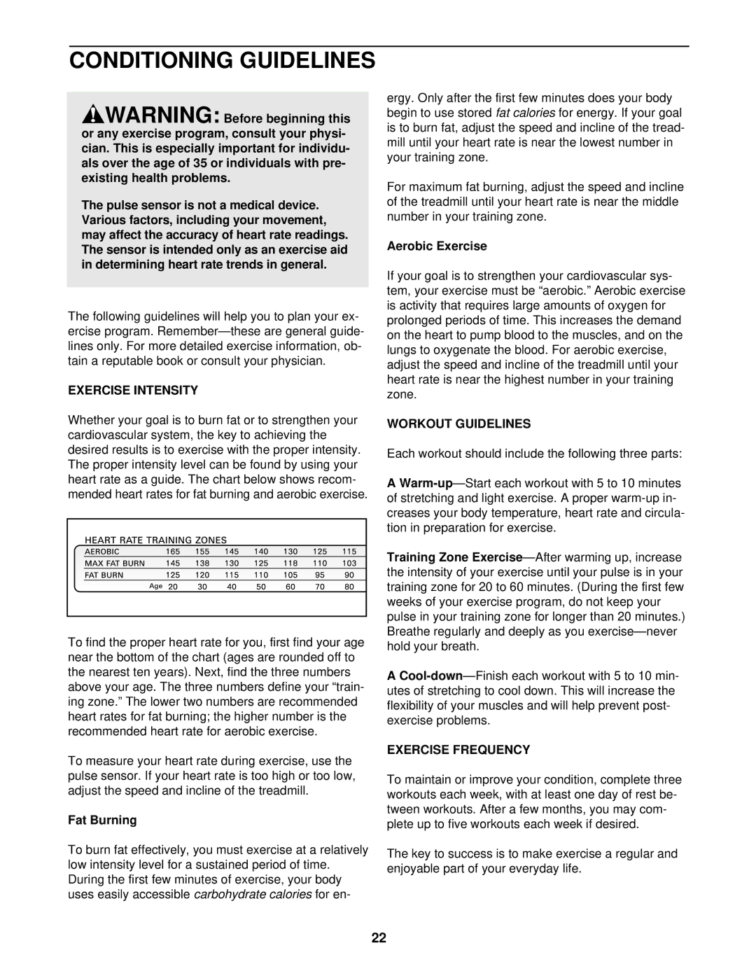 NordicTrack CMX500 user manual Conditioning Guidelines, Exercise Intensity, Workout Guidelines, Exercise Frequency 