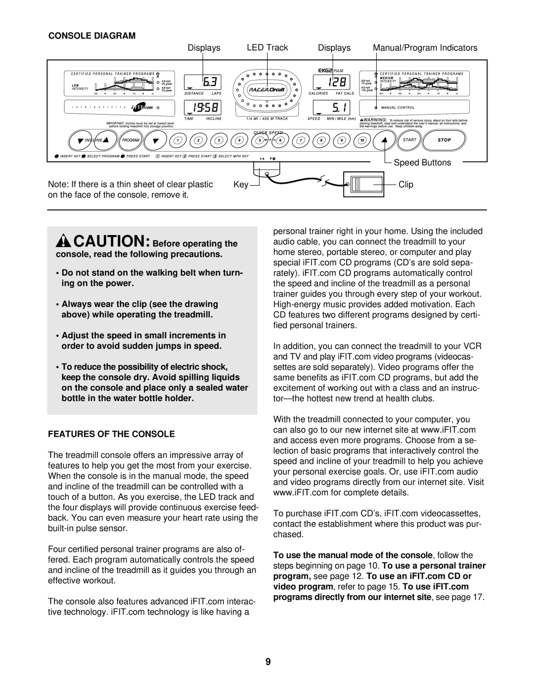 NordicTrack CMX500 Console Diagram, To reduce the possibility of electric shock, Features of the Console, See Video 