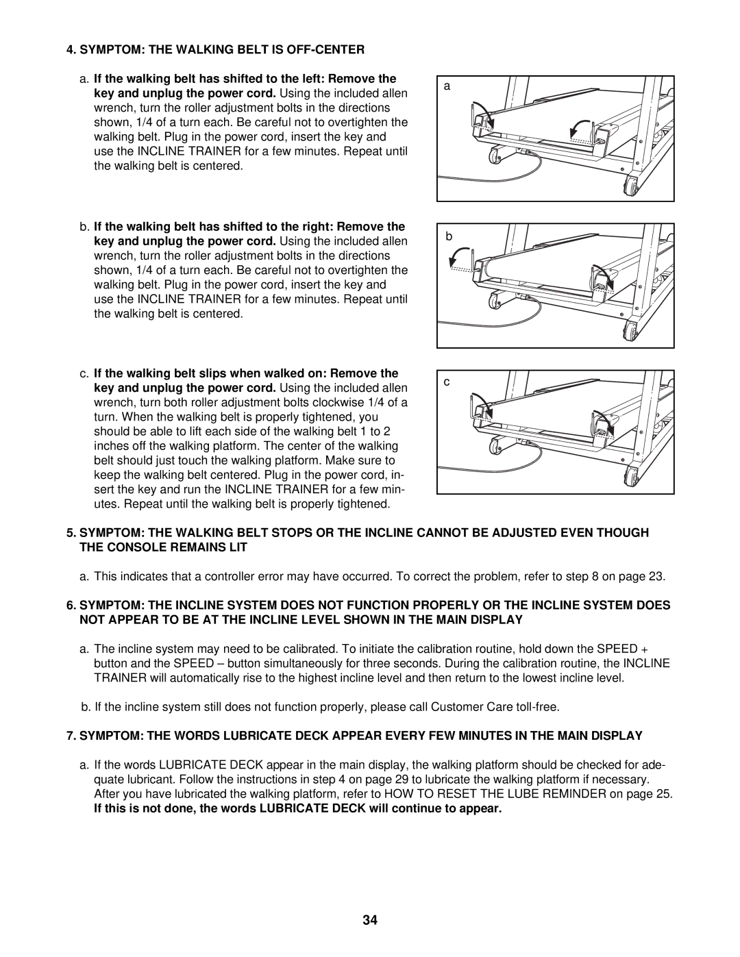 NordicTrack CTK65020 user manual Symptom the Walking Belt is OFF-CENTER 