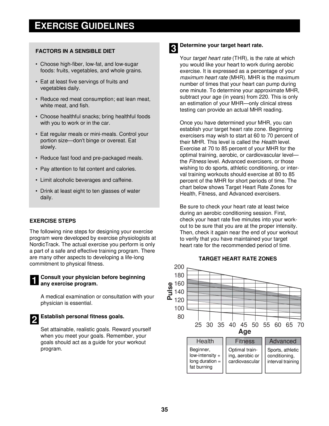 NordicTrack CTK65020 user manual Xercise, Factors in a Sensible Diet, Exercise Steps, Establish personal fitness goals 