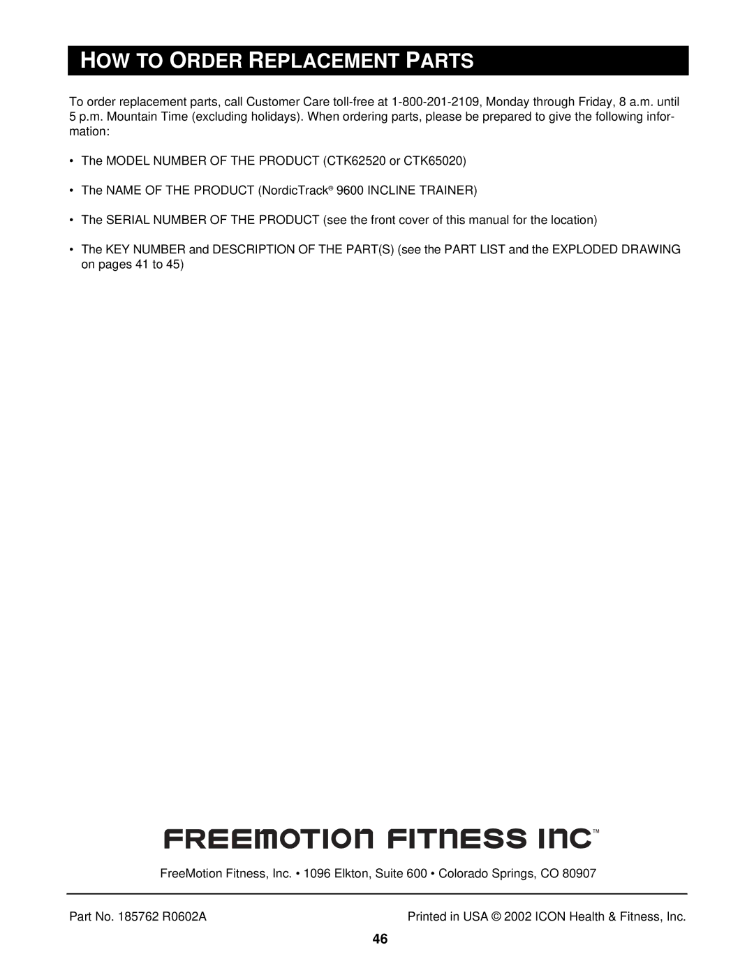 NordicTrack CTK65020 user manual OW to Rder Eplacement 