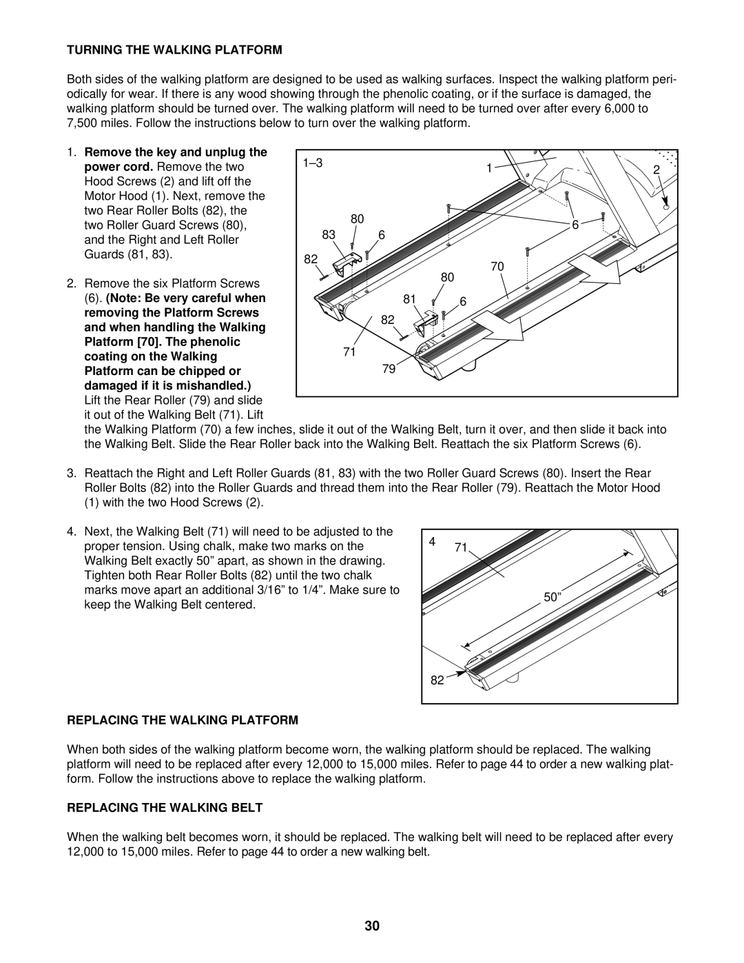 NordicTrack CTL49021 Turning the Walking Platform, Remove the key and unplug Power cord, Removing the Platform Screws 