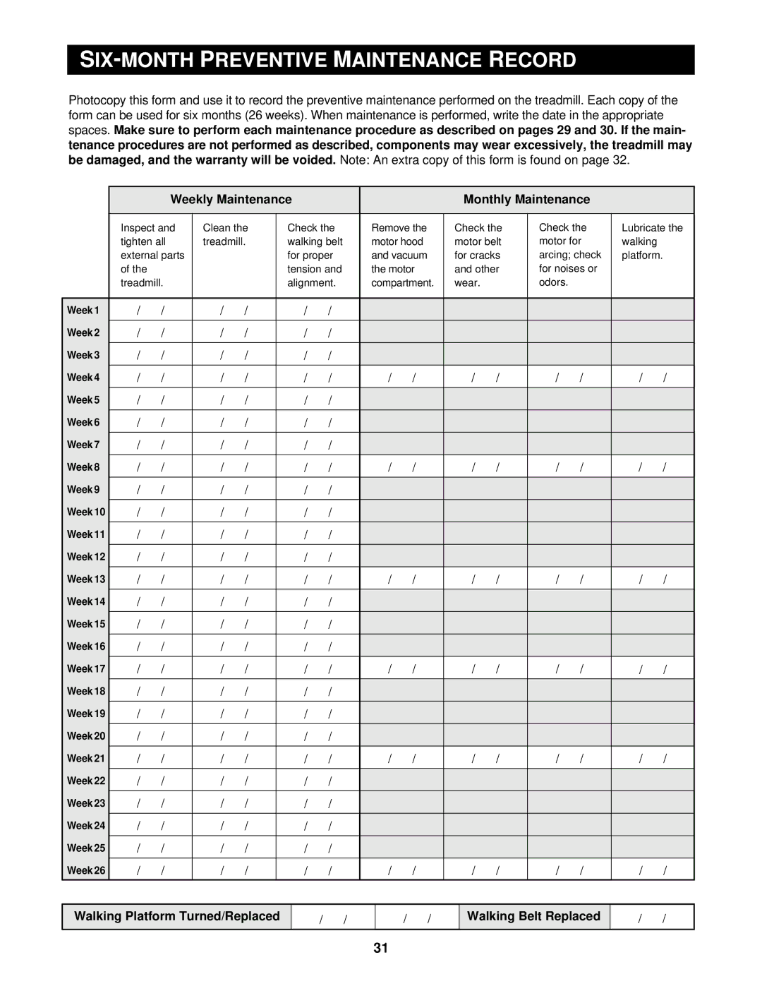 NordicTrack CTL49021 user manual IX-MONTH Reventive, Walking Platform Turned/Replaced Walking Belt Replaced 