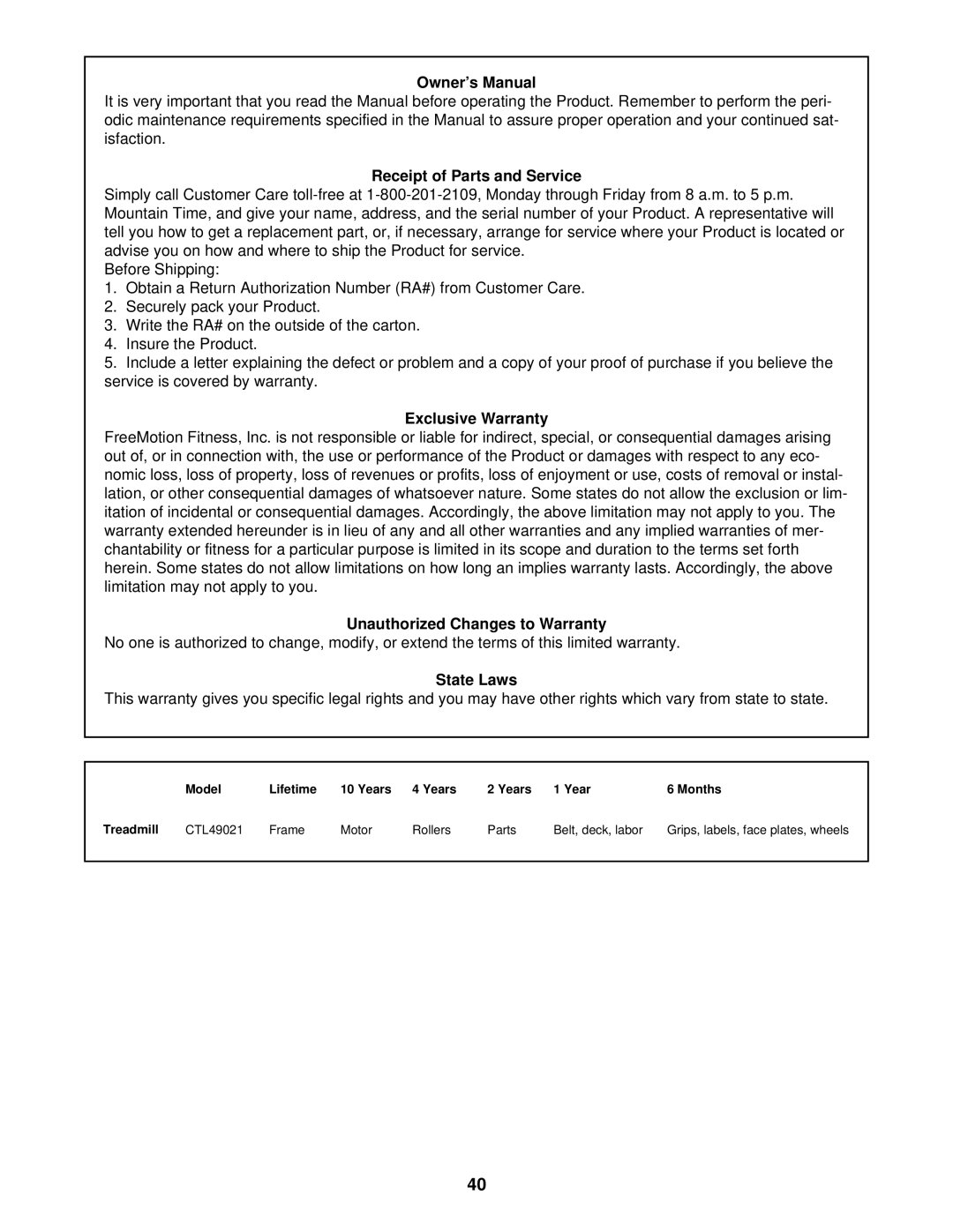 NordicTrack CTL49021 Receipt of Parts and Service, Exclusive Warranty, Unauthorized Changes to Warranty, State Laws 