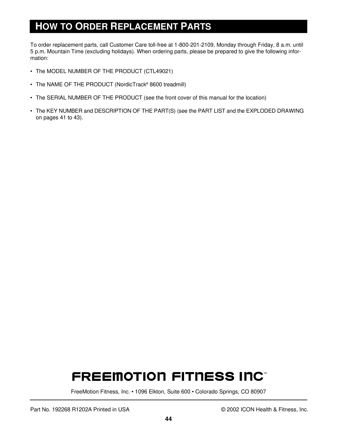 NordicTrack CTL49021 user manual OW to Rder Eplacement 