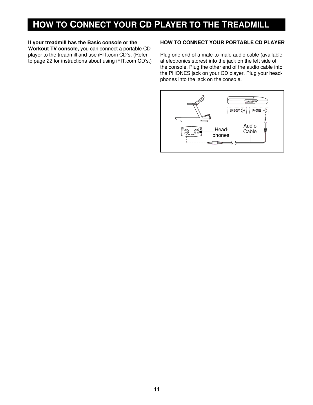 NordicTrack CTL8750 HOW to Onnect Your Player to, If your treadmill has the Basic console or, Head Audio Cable Phones 