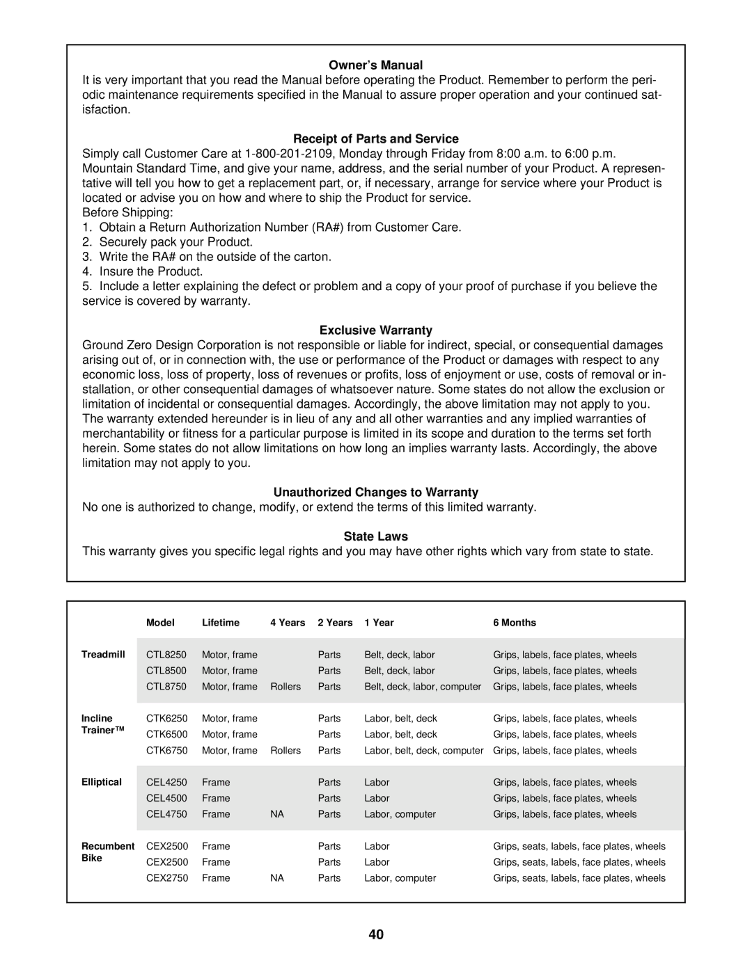 NordicTrack CTL8500 Receipt of Parts and Service, Exclusive Warranty, Unauthorized Changes to Warranty, State Laws 