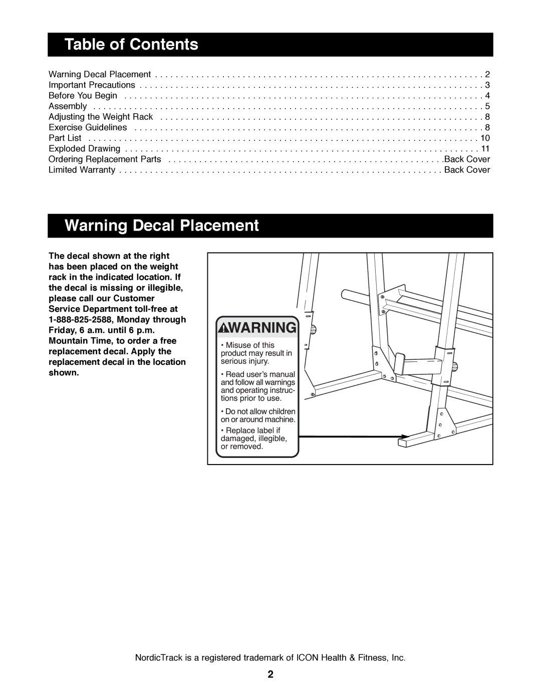 NordicTrack GRT360 manual Table of Contents 