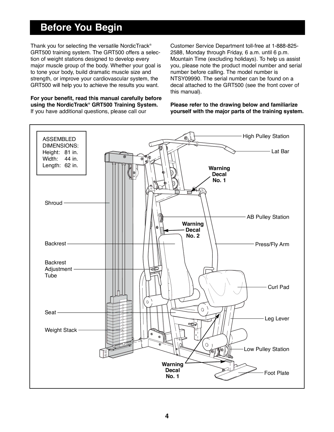 NordicTrack GRT500 manual Before You Begin, Decal 