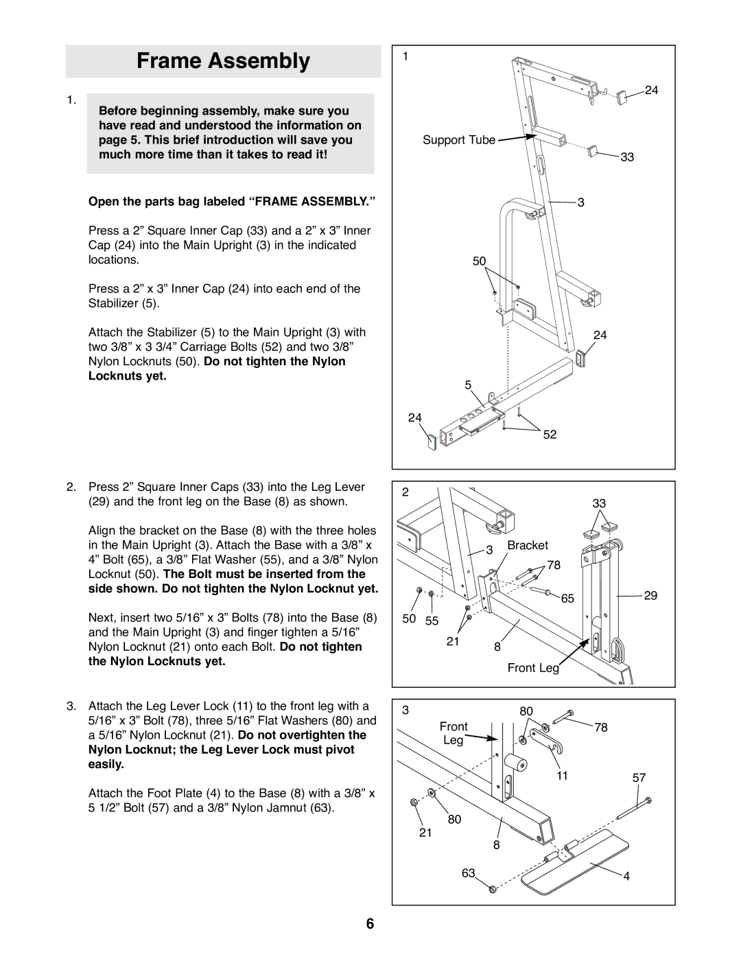 NordicTrack GRT500 manual Locknuts yet, Nylon Locknut the Leg Lever Lock must pivot easily 