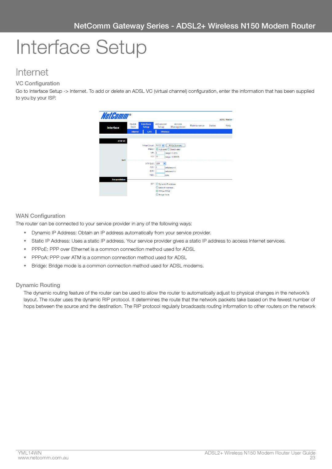 NordicTrack N150 manual Interface Setup, Internet, VC Configuration, WAN Configuration, Dynamic Routing 