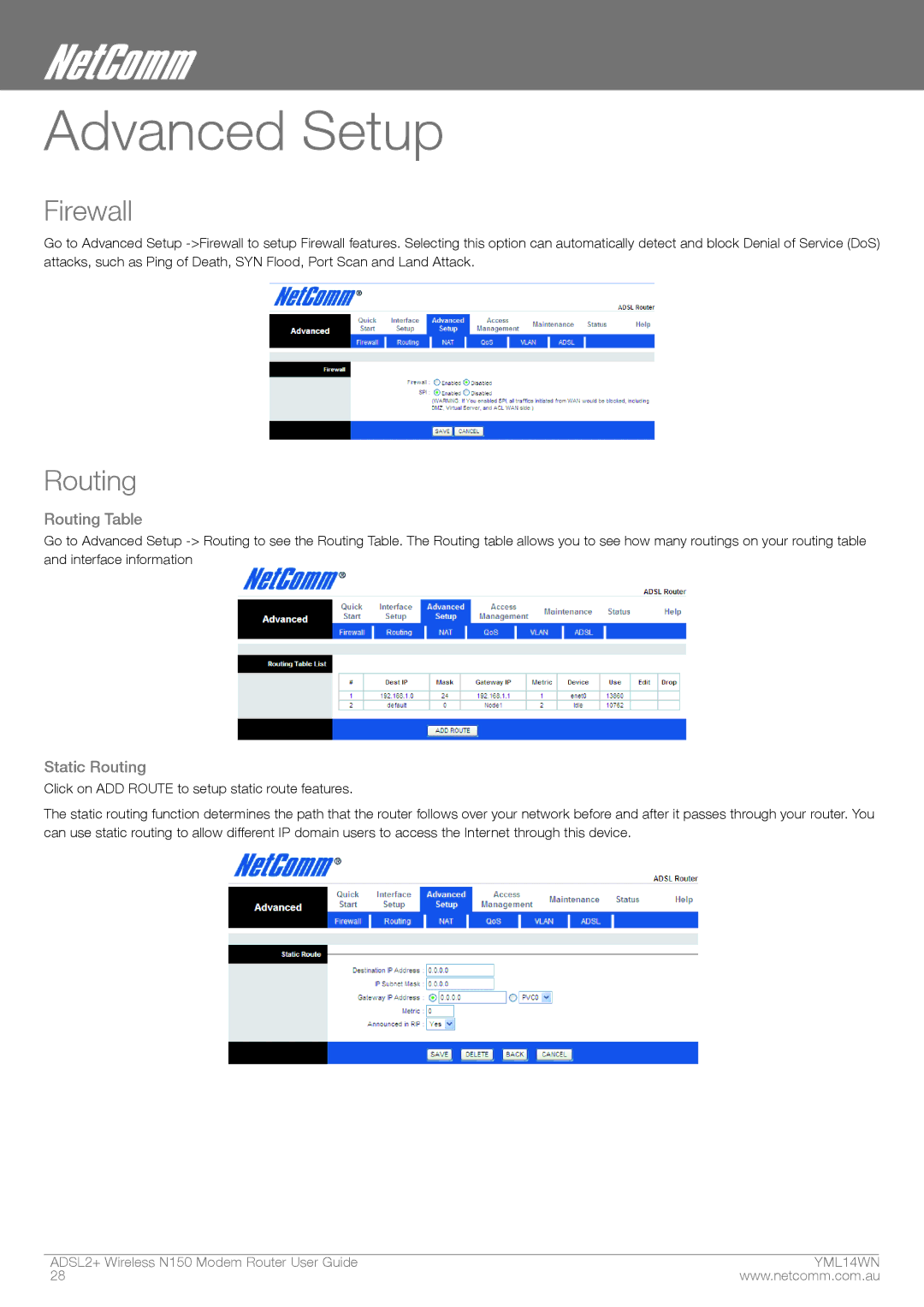 NordicTrack N150 manual Advanced Setup, Firewall, Routing Table, Static Routing 