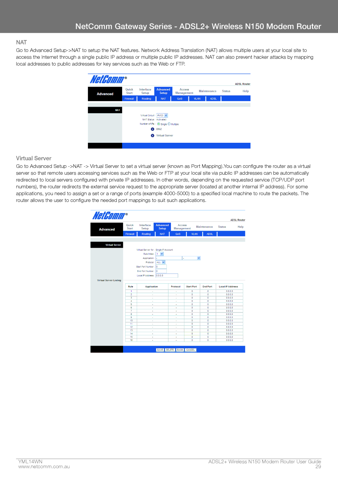 NordicTrack N150 manual Nat, Virtual Server 