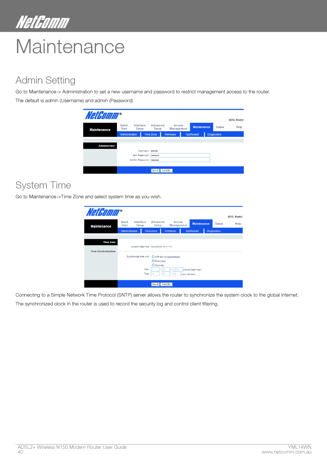 NordicTrack N150 manual Maintenance, Admin Setting, System Time 