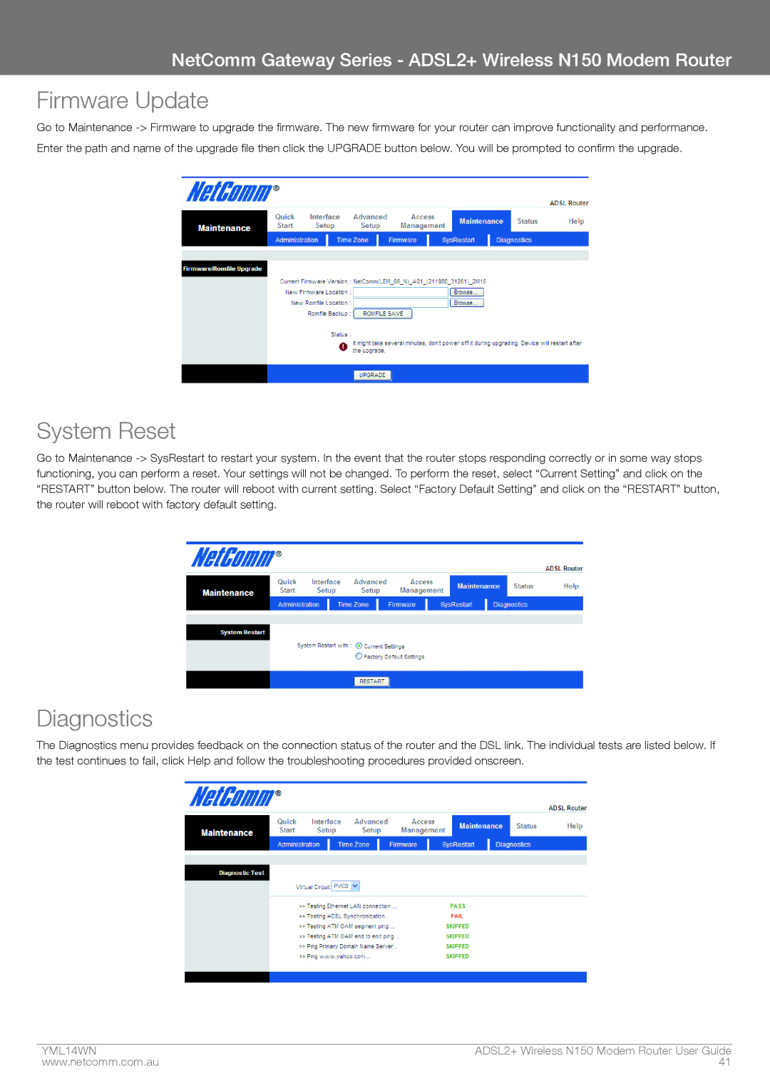 NordicTrack N150 manual Firmware Update, System Reset, Diagnostics 