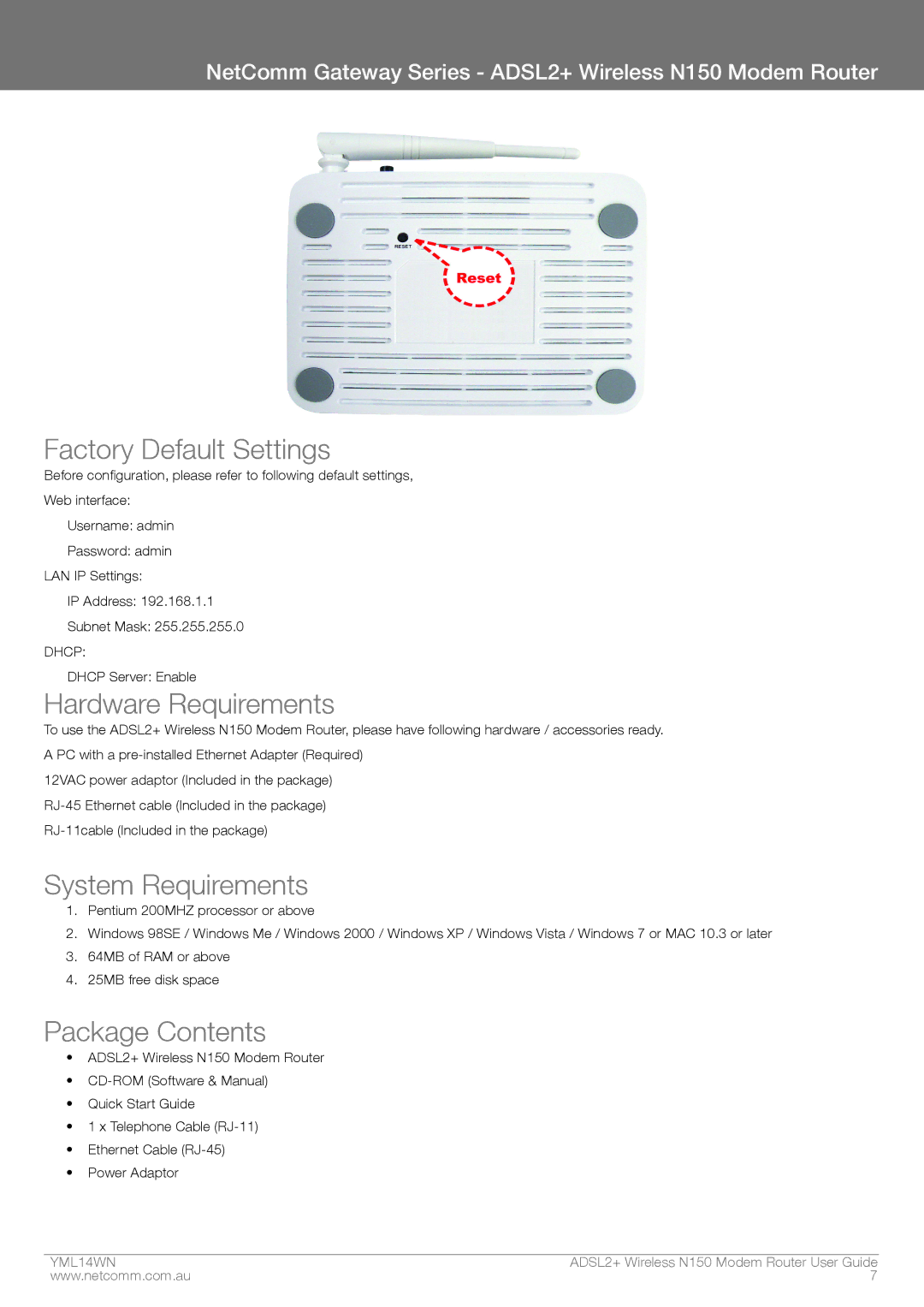 NordicTrack N150 manual Factory Default Settings, Hardware Requirements, System Requirements, Package Contents 