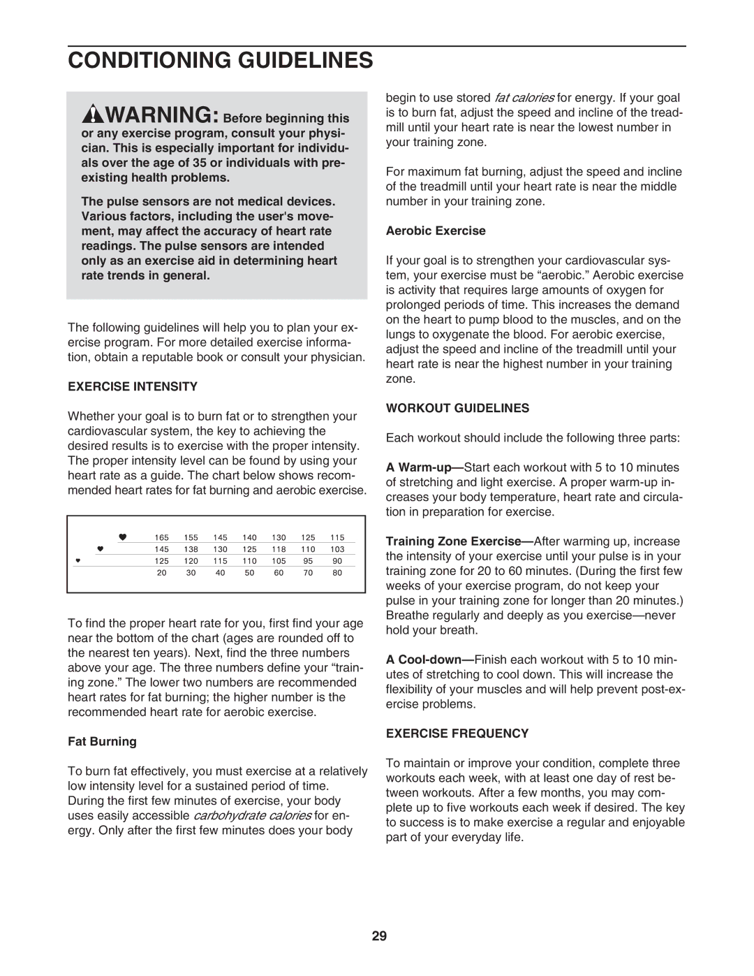 NordicTrack NATL81205.0 manual Conditioning Guidelines, Exercise Intensity, Workout Guidelines, Exercise Frequency 