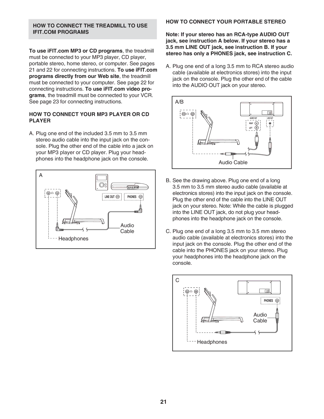 NordicTrack NATL82205.0 HOW to Connect Your MP3 Player or CD Player, HOW to Connect Your Portable Stereo, Audio Cable 