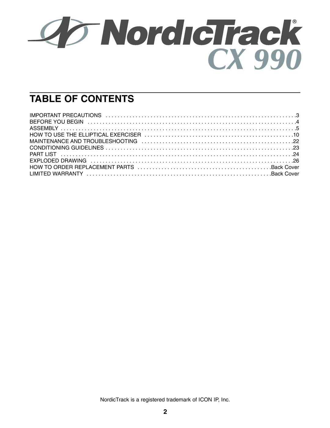 NordicTrack NCCEL09940 user manual Table of Contents 