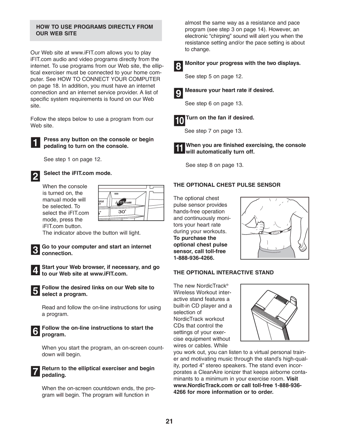 NordicTrack NCCEL09940 user manual HOW to USE Programs Directly from OUR WEB Site, Optional Chest Pulse Sensor 