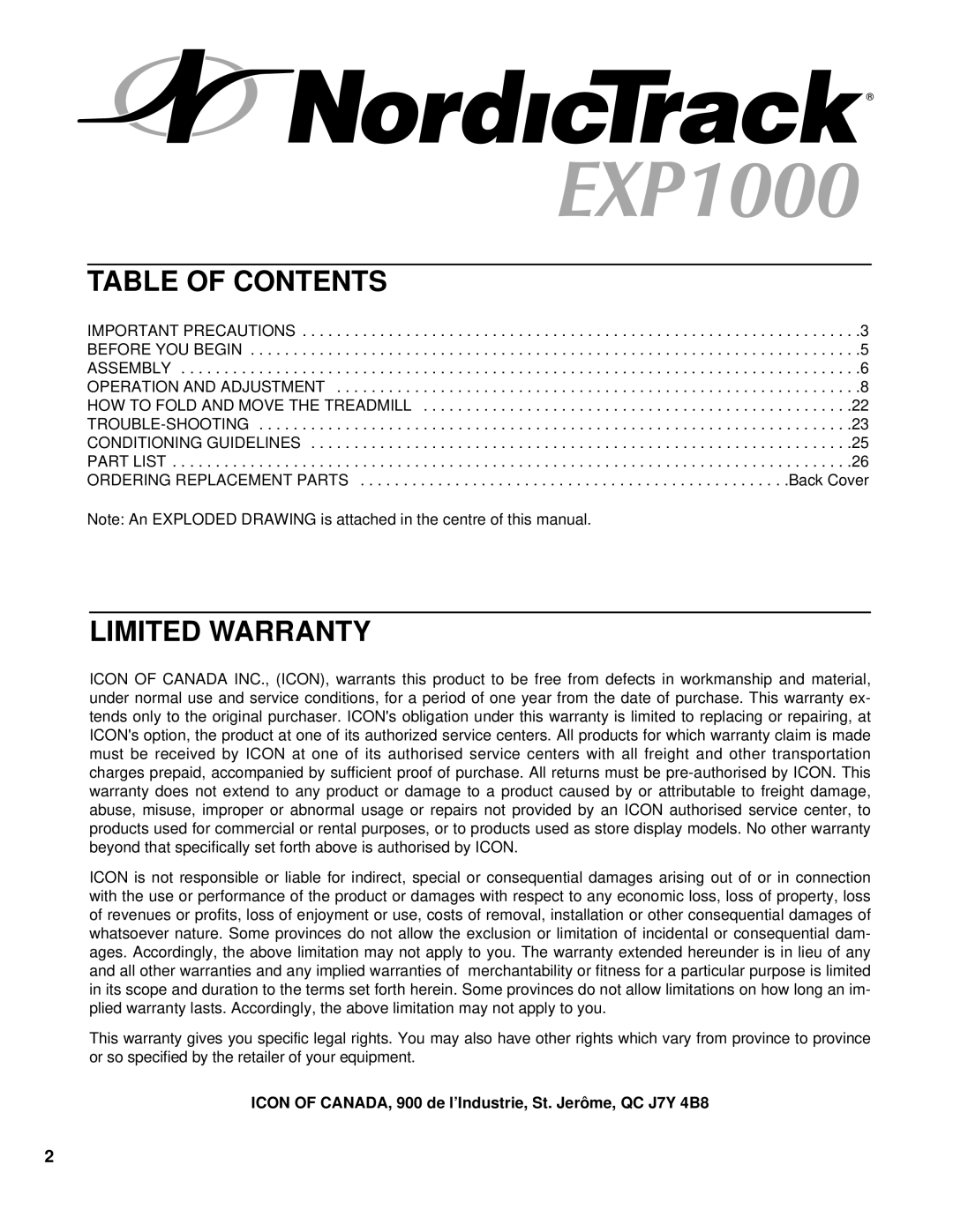 NordicTrack NCTL09990 manual Table of Contents, Limited Warranty 