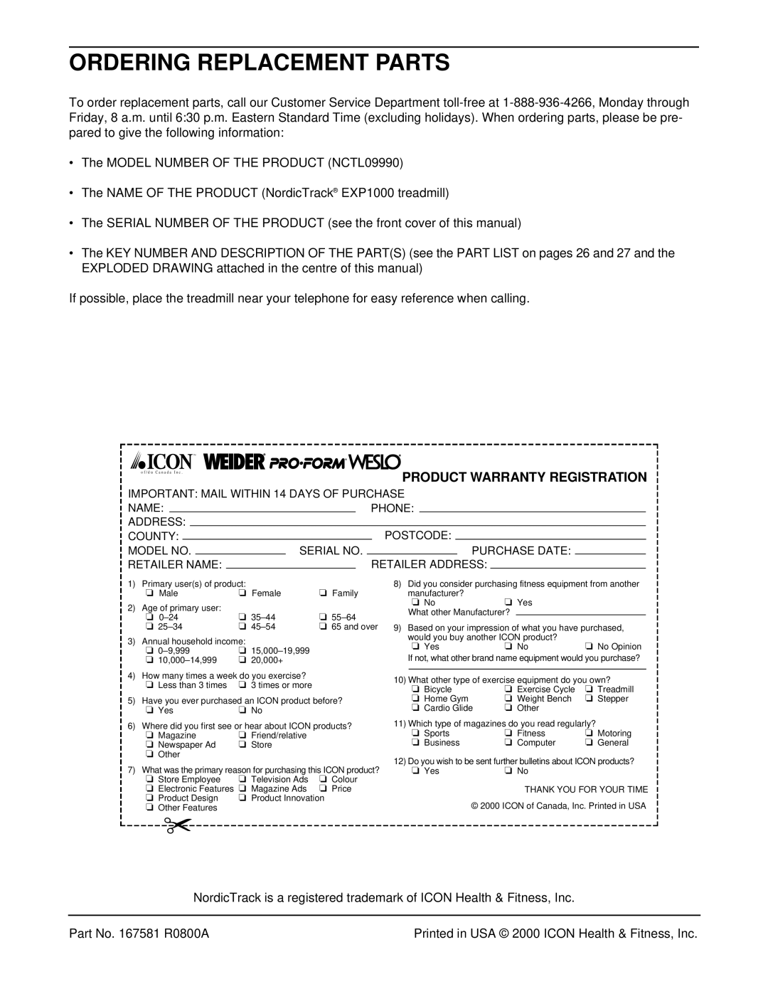 NordicTrack NCTL09990 manual Ordering Replacement Parts, EXP1000 treadmill 