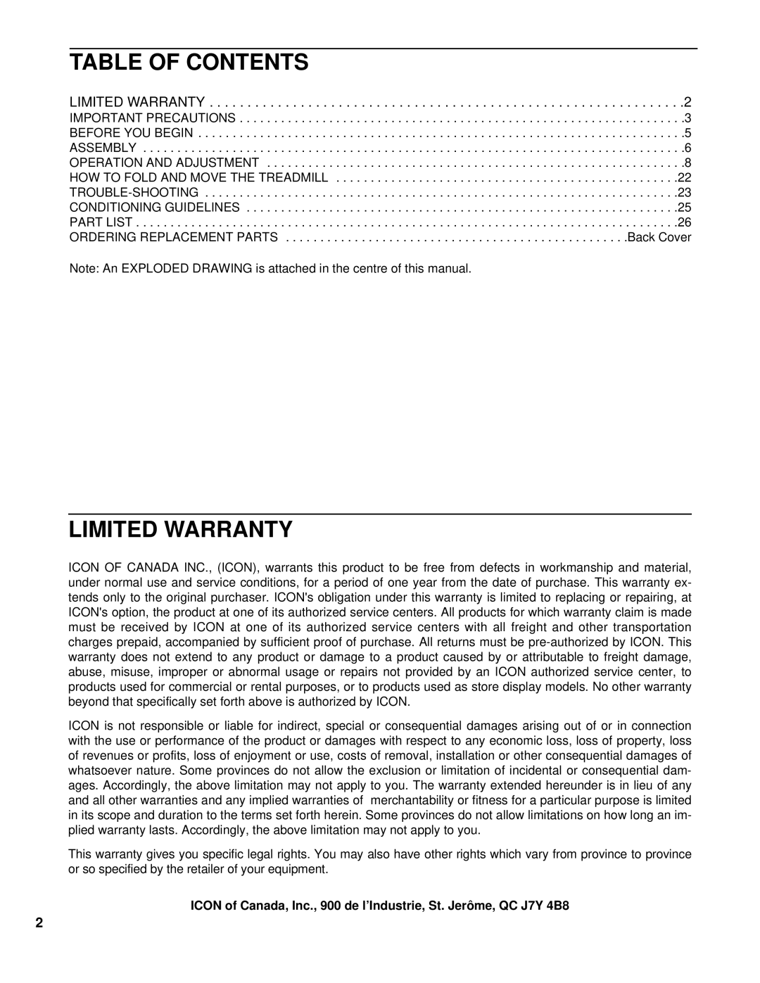 NordicTrack NCTL09992 user manual Table of Contents, Limited Warranty 