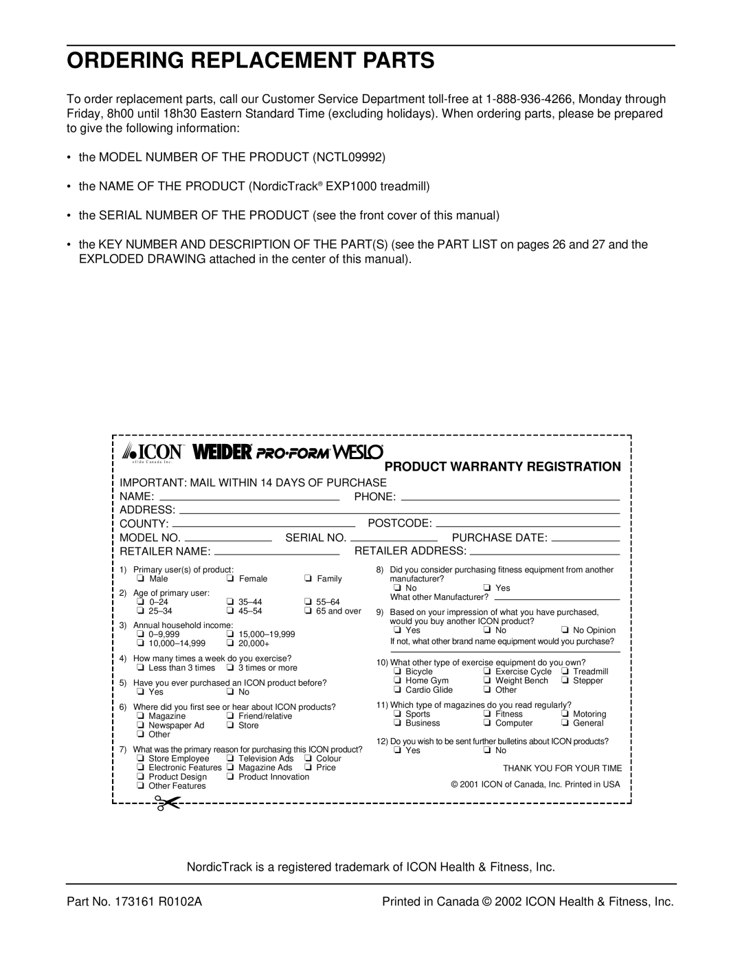 NordicTrack NCTL09992 user manual Ordering Replacement Parts, EXP1000 treadmill 